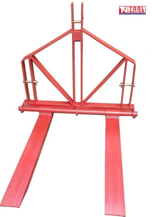 Red forklift attachment with two long forks, triangular frame, mounting pins, and a logo in the top right corner.