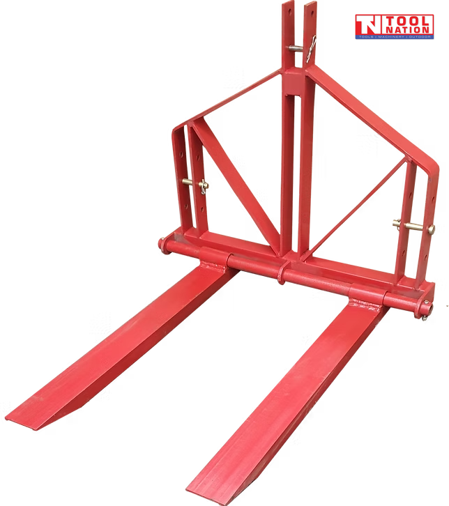 Angled view of a red forklift attachment with two long forks, triangular frame, mounting pins, and a logo in the top right corner.