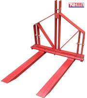 Angled view of a red forklift attachment with two long forks, triangular frame, mounting pins, and a logo in the top right corner.