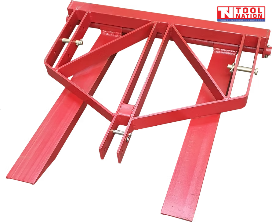 Rear angled view of a red forklift attachment with two long forks, triangular frame, mounting pins, and a logo in the top right corner.