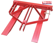 Rear angled view of a red forklift attachment with two long forks, triangular frame, mounting pins, and a logo in the top right corner.