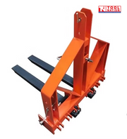 Orange forklift attachment with two black forks, triangular frame, mounting pins, and a logo in the top right corner.