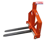 Orange forklift attachment viewed from the side, showing two black forks, triangular frame, mounting pins, and a logo in the top right corner.