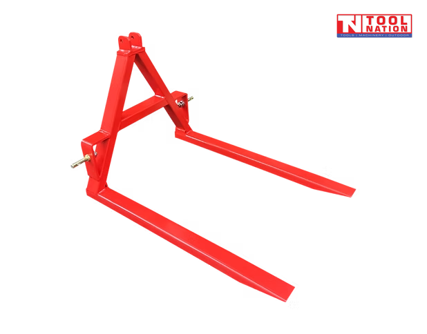 Red forklift attachment with two long forks, triangular mounting frame, mounting pins, and a logo in the top right corner.