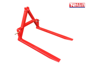 Red forklift attachment with two long forks, triangular mounting frame, mounting pins, and a logo in the top right corner.