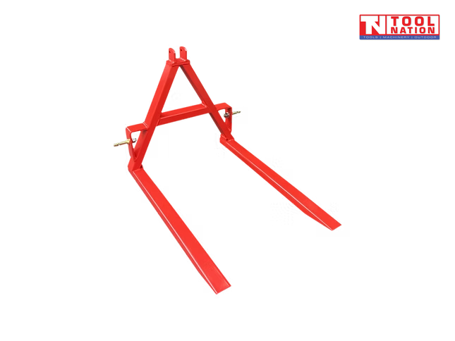 Red forklift attachment viewed from the front, showing two long forks, triangular mounting frame, mounting pins, and a logo in the top right corner.
