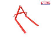 Red forklift attachment viewed from the front, showing two long forks, triangular mounting frame, mounting pins, and a logo in the top right corner.