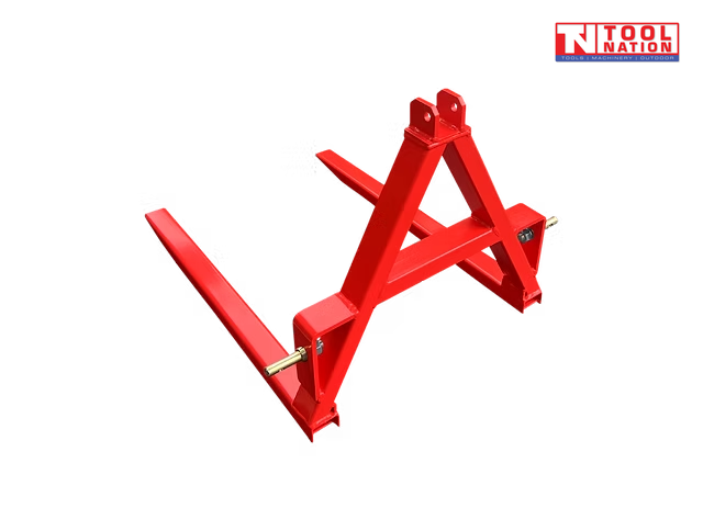 Red forklift attachment viewed from the rear, showing two long forks, triangular mounting frame, mounting pins, and a logo in the top right corner.