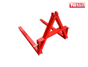 Red forklift attachment viewed from the rear, showing two long forks, triangular mounting frame, mounting pins, and a logo in the top right corner.