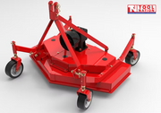 Red finish mower with four caster wheels, triangular mounting frame, black belt cover, and a logo in the top right corner.