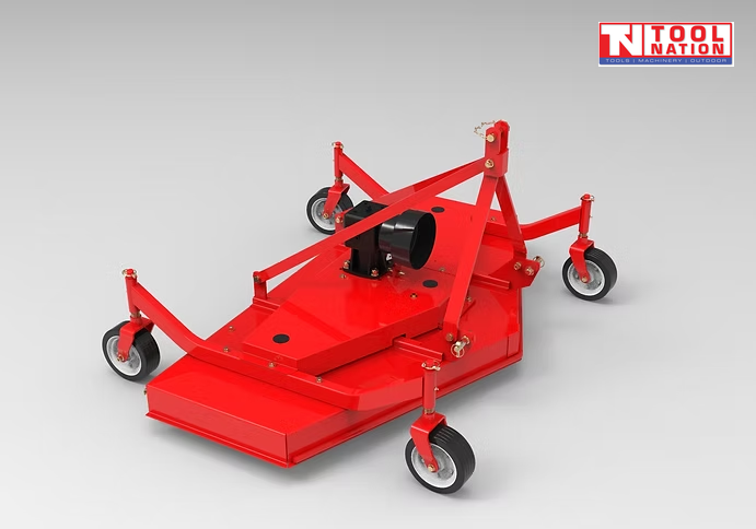 Red finish mower viewed from an angle, showing four caster wheels, triangular mounting frame, black belt cover, and a logo in the top right corner.