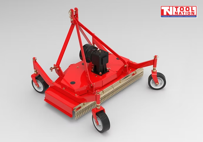 Rear angled view of a red finish mower with four caster wheels, triangular mounting frame, black belt cover, rear chains, and a logo in the top right corner.