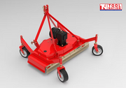 Rear angled view of a red finish mower with four caster wheels, triangular mounting frame, black belt cover, rear chains, and a logo in the top right corner.