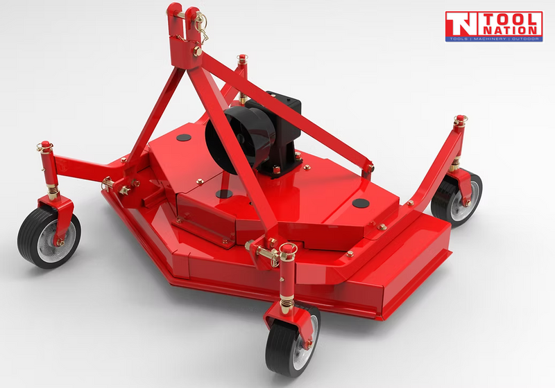 Red finish mower with four caster wheels, triangular mounting frame, black belt cover, and a logo in the top right corner.