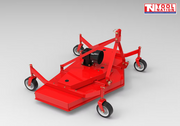 Red finish mower viewed from an angle, showing four caster wheels, triangular mounting frame, black belt cover, and a logo in the top right corner.