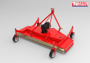 Rear angled view of a red finish mower with four caster wheels, triangular mounting frame, black belt cover, rear chains, and a logo in the top right corner.
