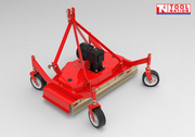 Rear angled view of a red finish mower with four caster wheels, triangular mounting frame, black belt cover, rear chains, and a logo in the top right corner.