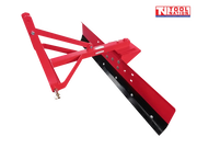 Red grader blade attachment with triangular mounting frame, black lower blade edge, bolts, pins, and a logo in the top right corner.