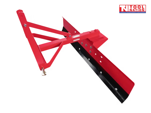 Red grader blade attachment with triangular mounting frame, black lower blade edge, bolts, pins, and a logo in the top right corner.