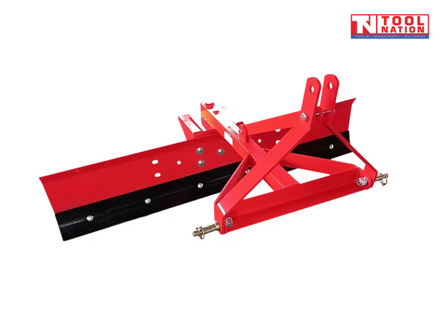 Red grader blade attachment viewed from the rear, showing a triangular mounting frame, black lower blade edge, bolts, pins, and a logo in the top right corner.