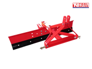 Red grader blade attachment viewed from the rear, showing a triangular mounting frame, black lower blade edge, bolts, pins, and a logo in the top right corner.