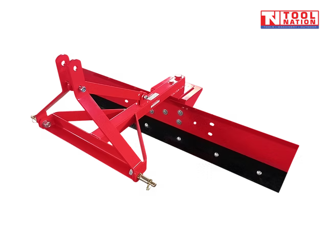Red grader blade attachment viewed from an angle, showing a triangular mounting frame, black lower blade edge, bolts, pins, and a logo in the top right corner.