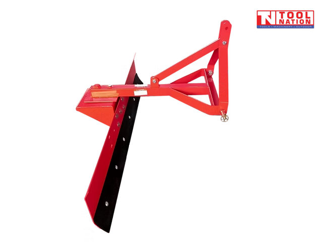 Side view of a red grader blade attachment with triangular mounting frame, black lower blade edge, pins, bolts, and a logo in the top right corner.