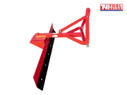 Side view of a red grader blade attachment with triangular mounting frame, black lower blade edge, pins, bolts, and a logo in the top right corner.