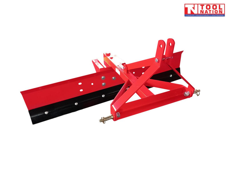 Red grader blade attachment with triangular mounting frame, black lower blade edge, bolts, pins, and a logo in the top right corner.