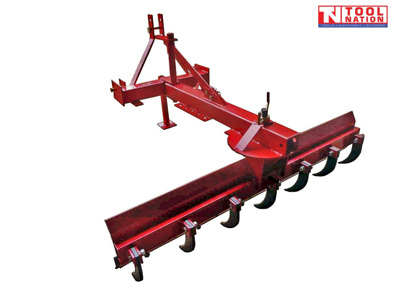 Red grader blade attachment with black ripper tines, triangular mounting frame, support leg, bolts, pins, and a logo in the top right corner.