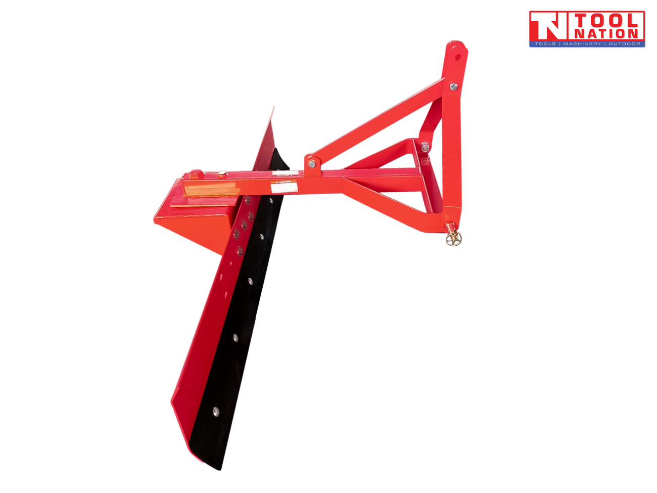 Side view of a red grader blade attachment with triangular mounting frame, black lower blade edge, bolts, pins, and a logo in the top right corner.