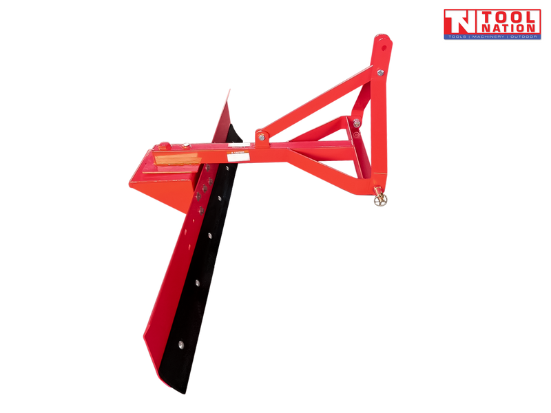 Side view of a red grader blade attachment with triangular mounting frame, black lower blade edge, bolts, pins, and a logo in the top right corner.