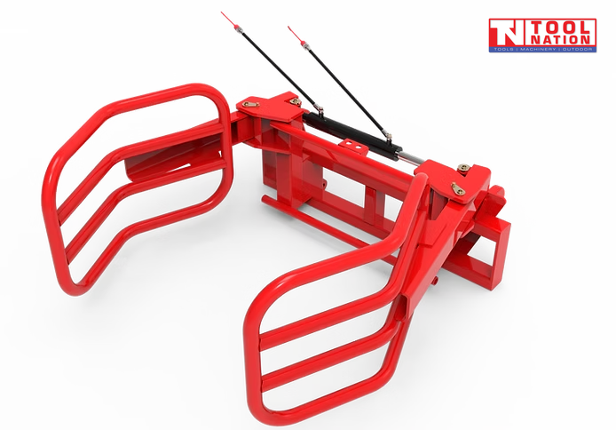 Red bale gripper with two curved gripping arms, rectangular mounting frame, hydraulic hoses, and a logo in the top right corner.