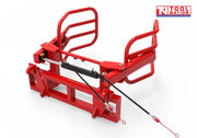 Rear view of a red bale gripper with curved gripping arms, rectangular mounting frame, hydraulic hoses, and a logo in the top right corner.