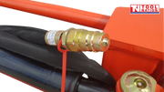 Close-up of a hydraulic hose coupling, black hose, red frame, and logo in the top right corner.