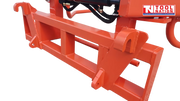 Close-up of the red mounting frame with hook brackets, bolt holes, black hydraulic parts, and logo in the top right corner.