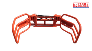 Top view of a red bale gripper with two curved gripping arms, rectangular frame, black hydraulic cylinder, and logo in the top right corner.