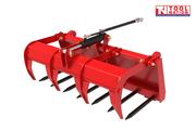 Red muck grab attachment viewed from the opposite side, showing black tines, curved upper grab arms, hydraulic cylinder, hydraulic hose, and a logo in the top right corner.