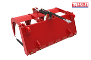 Rear view of a red muck grab attachment with black hydraulic cylinder, hydraulic hose, mounting hooks, bolts, and a logo in the top right corner.