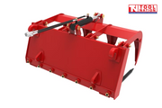 Rear angled view of a red muck grab attachment with black hydraulic cylinder, hydraulic hose, mounting hooks, bolts, and a logo in the top right corner.