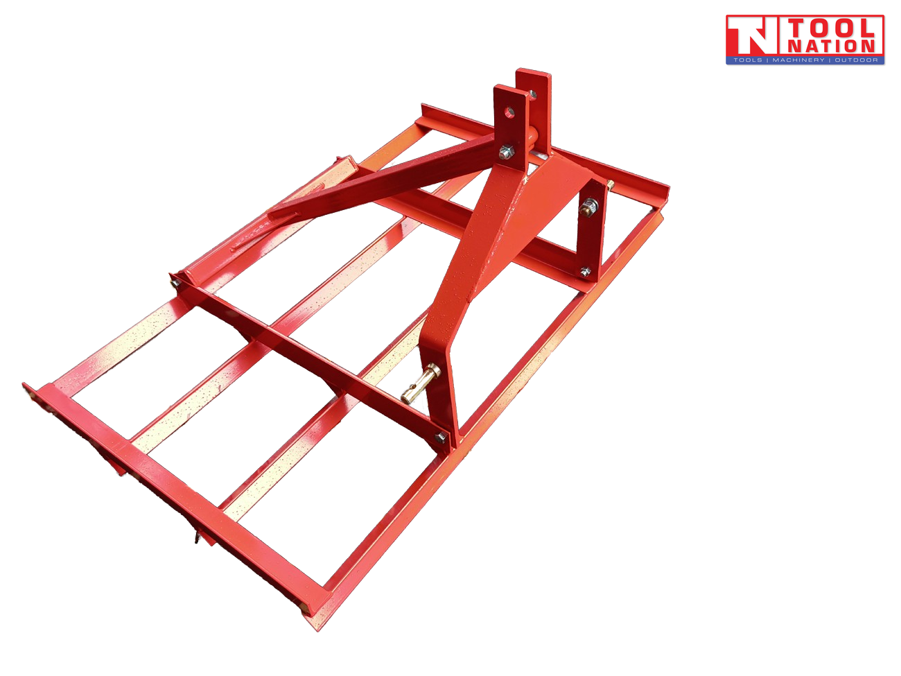 Red levelling bar attachment with rectangular frame, crossbars, mounting brackets, bolts, pins, and a logo in the top right corner.