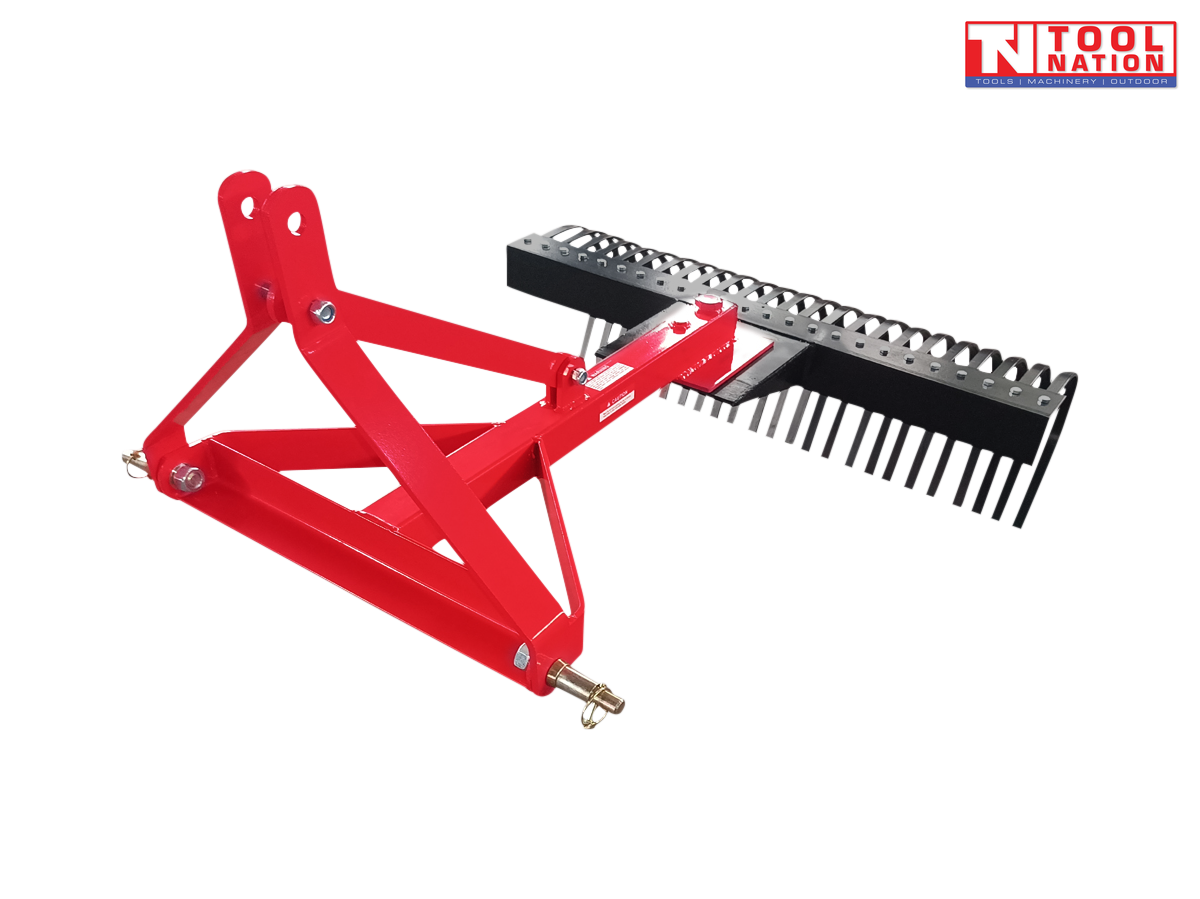 Red landscape rake attachment with black rake tines, triangular mounting frame, bolts, pins, and a logo in the top right corner.