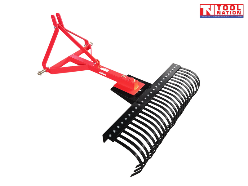 Red landscape rake attachment with black curved rake tines, triangular mounting frame, bolts, pins, and a logo in the top right corner.