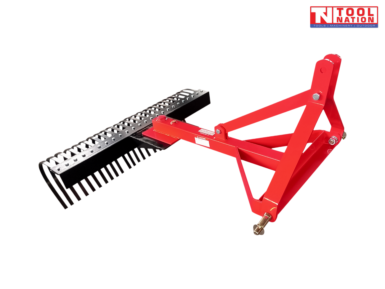 Red landscape rake attachment with black curved rake tines, triangular mounting frame, bolts, pins, and a logo in the top right corner.