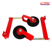 Pair of red wheel kit assemblies with black wheels, red brackets, gold-coloured shafts, bolts, and a logo in the top right corner.