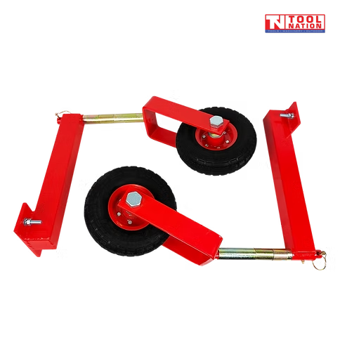 Pair of red wheel kit assemblies with black wheels, red brackets, gold-coloured shafts, bolts, and a logo in the top right corner.