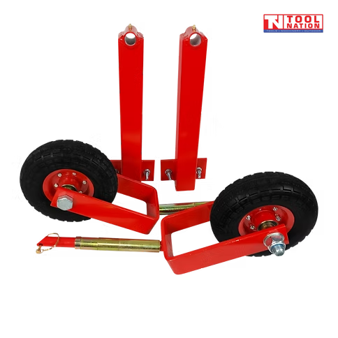 Pair of red wheel kit assemblies with black wheels, red brackets, gold-coloured shafts, bolts, and a logo in the top right corner.