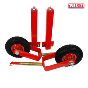 Pair of red wheel kit assemblies with black wheels, red brackets, gold-coloured shafts, bolts, and a logo in the top right corner.