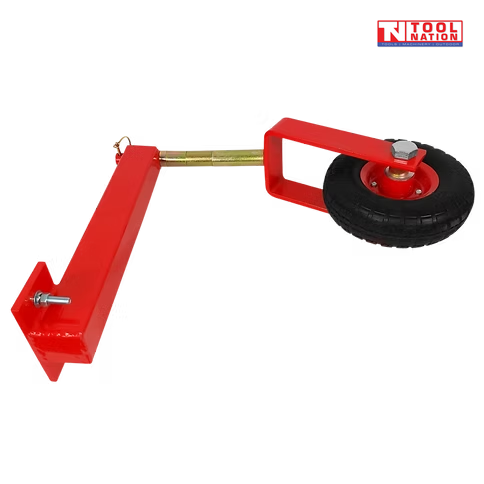 Single red wheel kit assembly with black wheel, red bracket, gold-coloured shaft, bolts, and a logo in the top right corner.