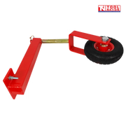 Single red wheel kit assembly with black wheel, red bracket, gold-coloured shaft, bolts, and a logo in the top right corner.